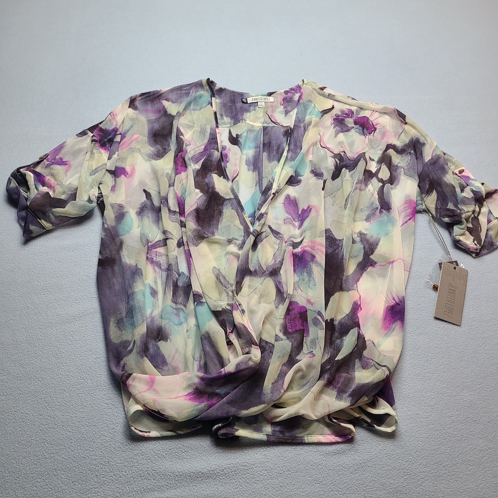 Jennifer Lopez Floral Blouse Womens 1X Purple NEW Chiffon Surplice Wrap Front - Picture 2 of 9